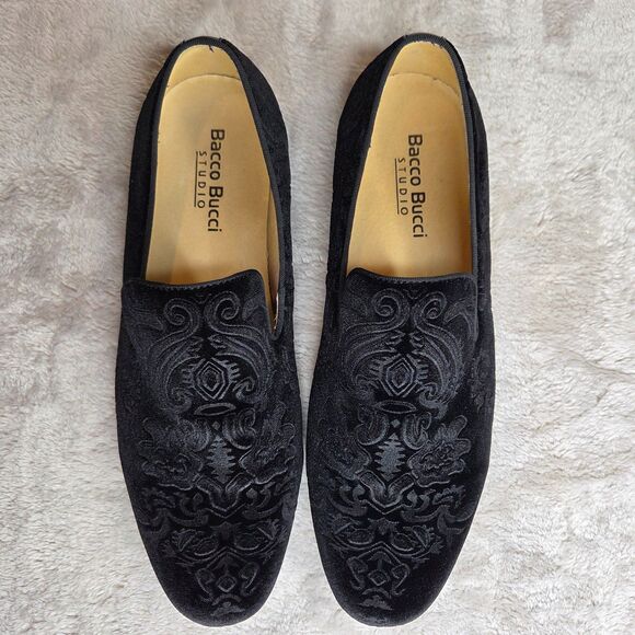 Bacco Bucci Black Velvet Slip On Dress Shoes Men's 10 Tuxedo Smoking Slippers - Picture 5 of 7